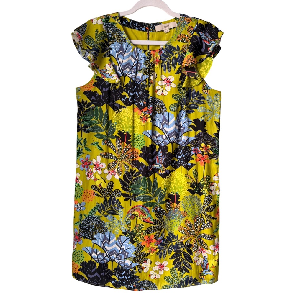 NEW Loft Yellow‎ Floral Shift Dress Flutter Ruffle Sleeve Bold Retro Small NWT